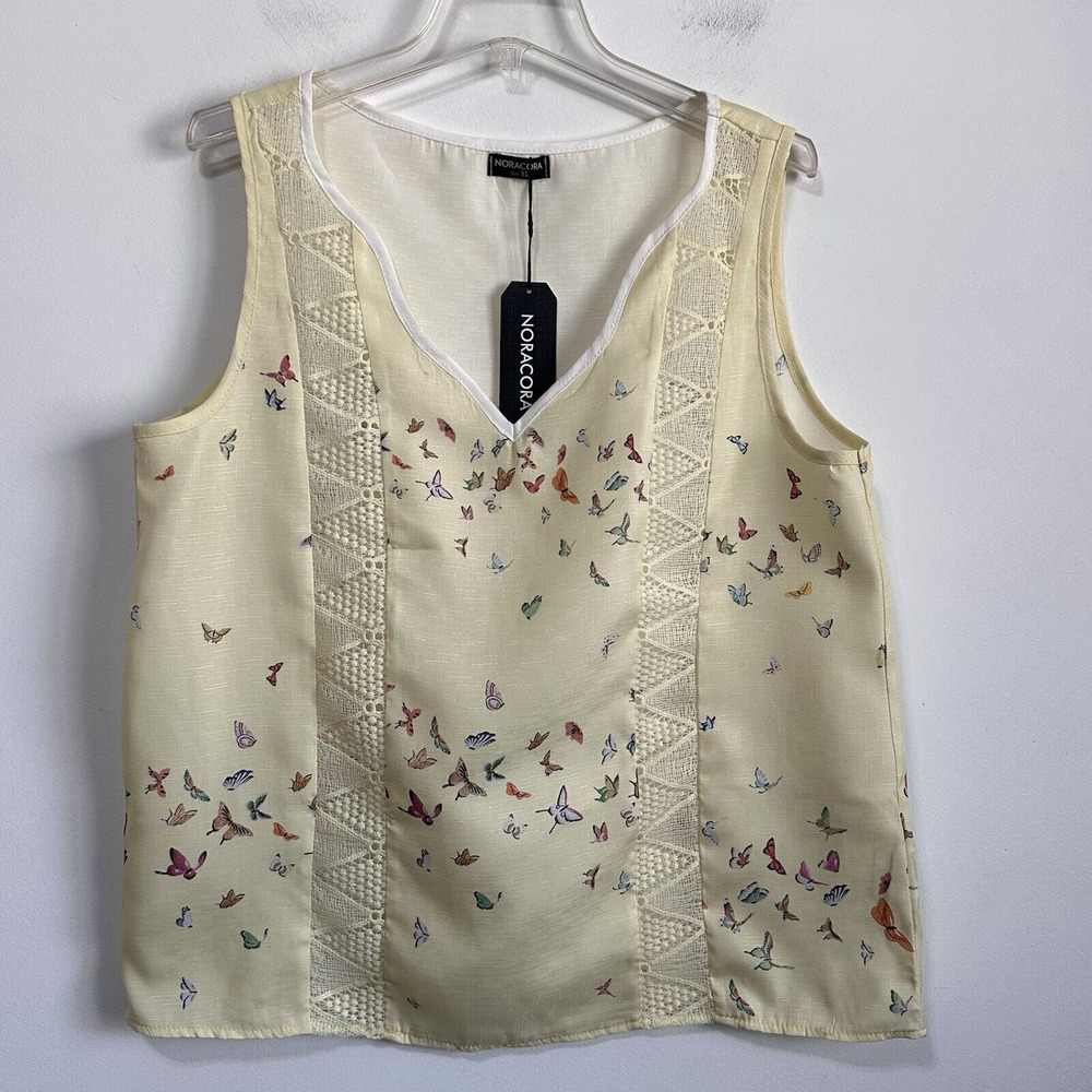 Noracora Sleeveless Top Tank XL Pale Yellow Crochet Butterflies Light Summer NEW